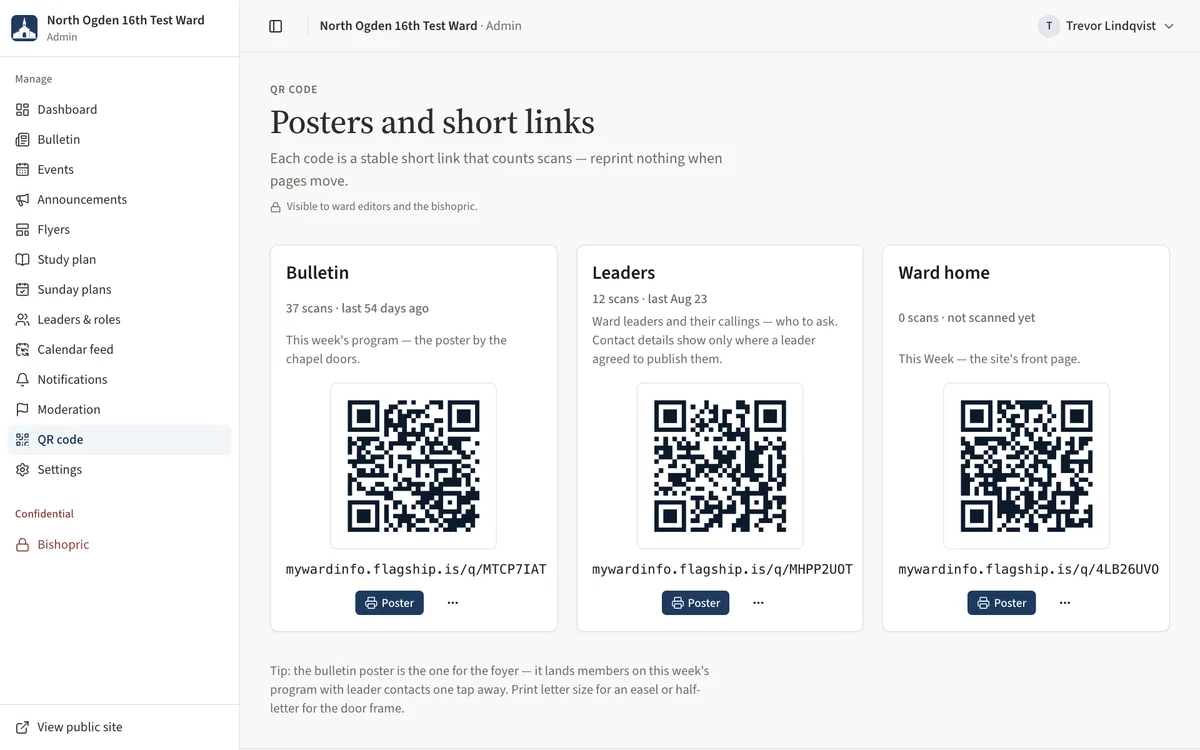 The Posters and short links page with Bulletin, Leaders and Ward home cards, each with a Poster button and a More menu.